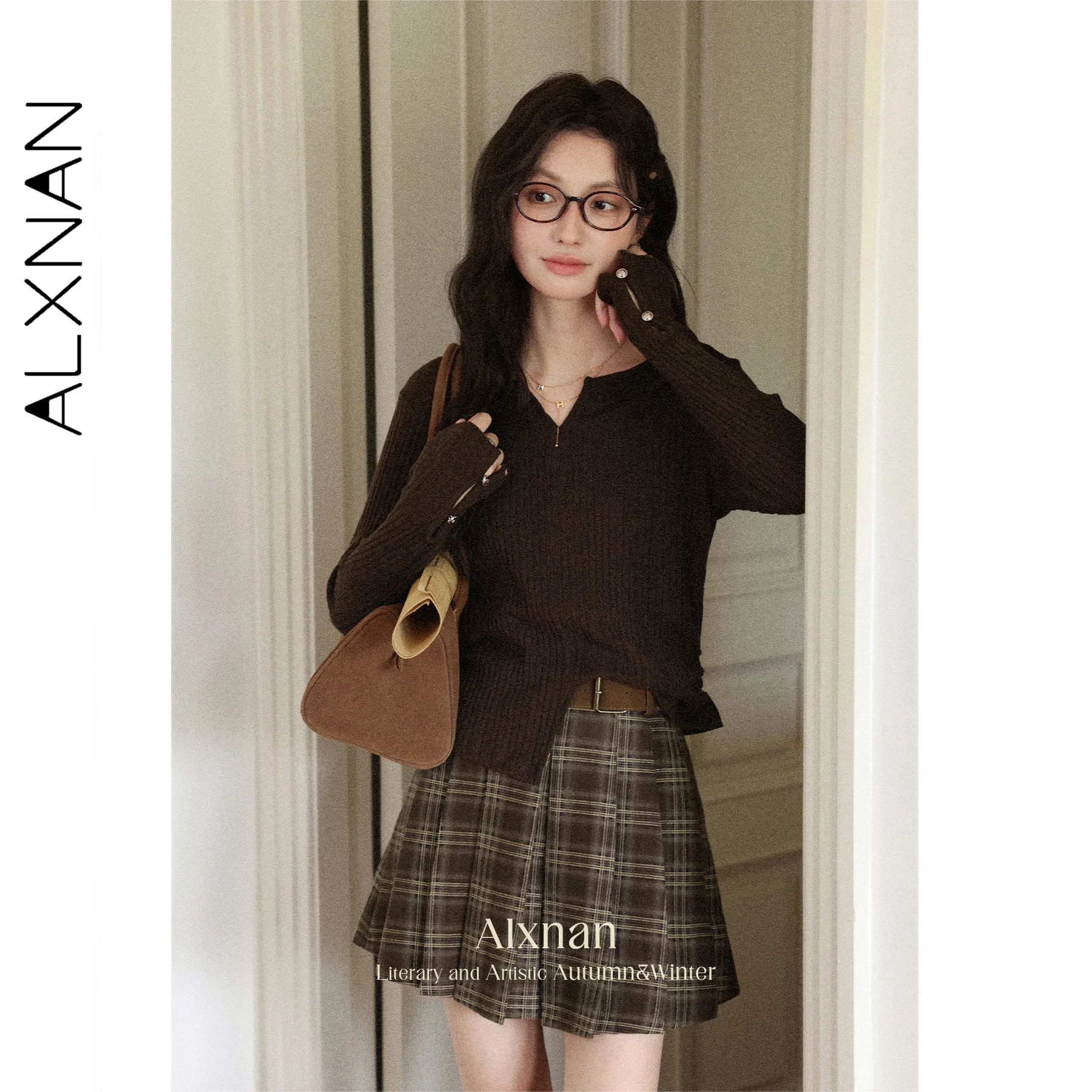 ALXNAN Plus Size Brown Pullover Women Long Sleeve V-neck Slit Sweater Cotton Slim-fit Elegant Casual Knitted Tops Female D12558
