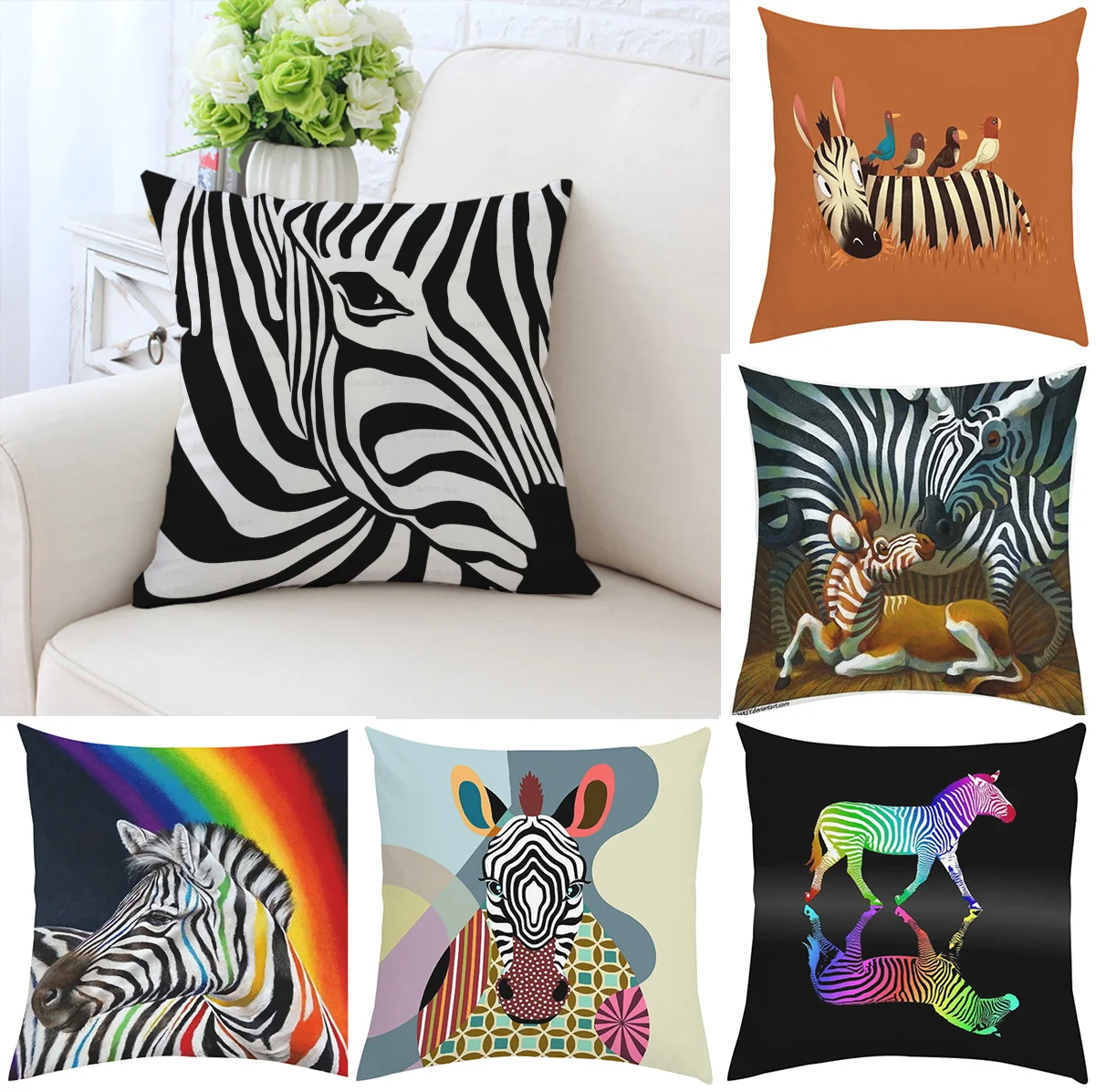 

Zebra art pillow cover with double-sided printed custom pillowcase, short plush sofa cushion cover, car decoration 40x40cm