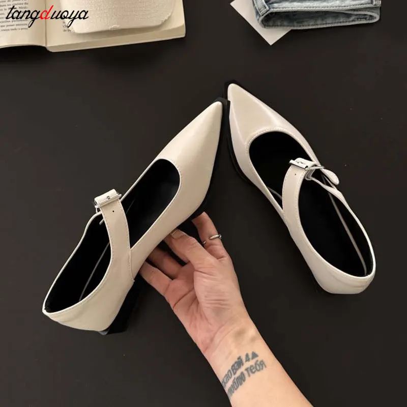 Mary Jane Shoes 2024 New Summer spring Pointed Toe Low Heel Women Shallow Single Pumps Women Fashion Buckle Shoes Vintage shoes