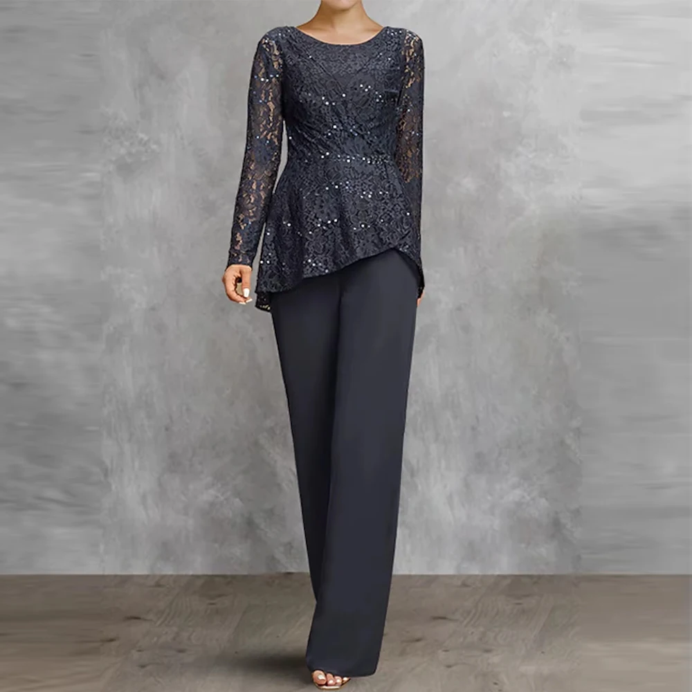 

Customized Elegant Two Piece Mother of the Bride Dress Floor Length Scoop Neck Chiffon Lace Long Sleeves Wedding Party Dresses