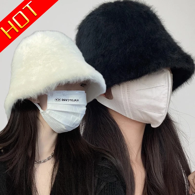 2023 Bucket Hat Plush Rabbit Fur Bucket Hat Soft Warm Women Winter White Black Knitted Fisherman Hat Soft Warm Basin Bucket Hat