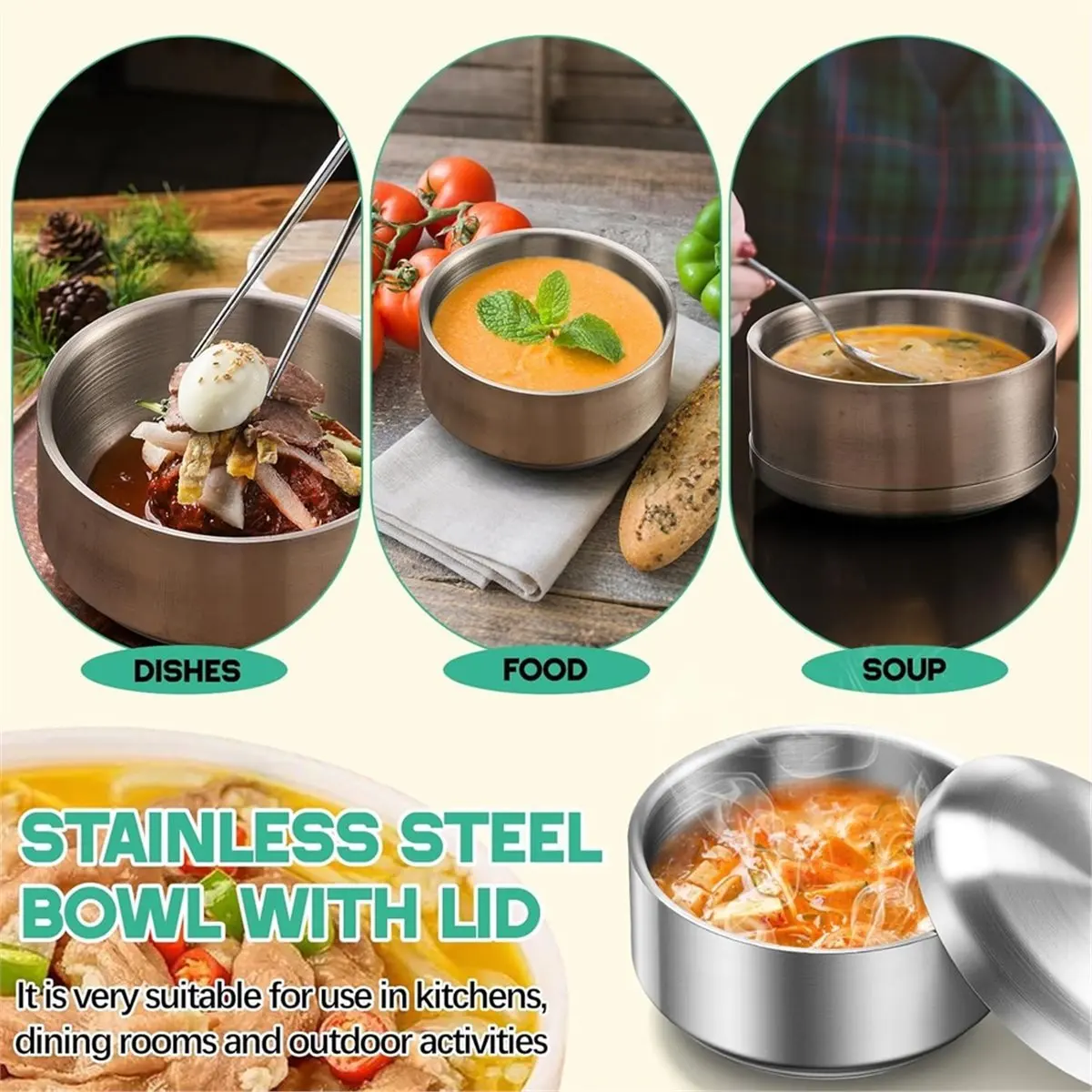 4pc 12 Oz Stainless Steel Korean Soup Rice Bowl with Lid for Cereal Kitchen Restaurant Double-Walled Anti Scalding Bowls