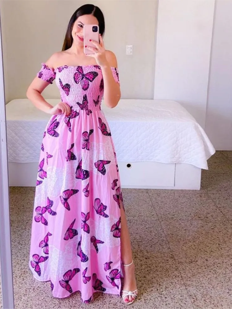 Elegant Women\'s Off Shoulder Midi Dress 2024 Summer Fashion Dresses High Waist Flower Print Short Sleeve Vestidos Robe Clothing