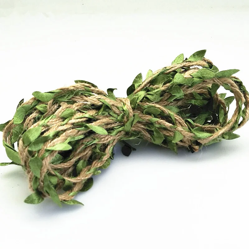 1/5/10Pcs 2M Natural Leaves Jute Rope Cord String Ribbon Craft Gift DIY Artificial Leaf Jute Twine Wedding Party Christmas Home