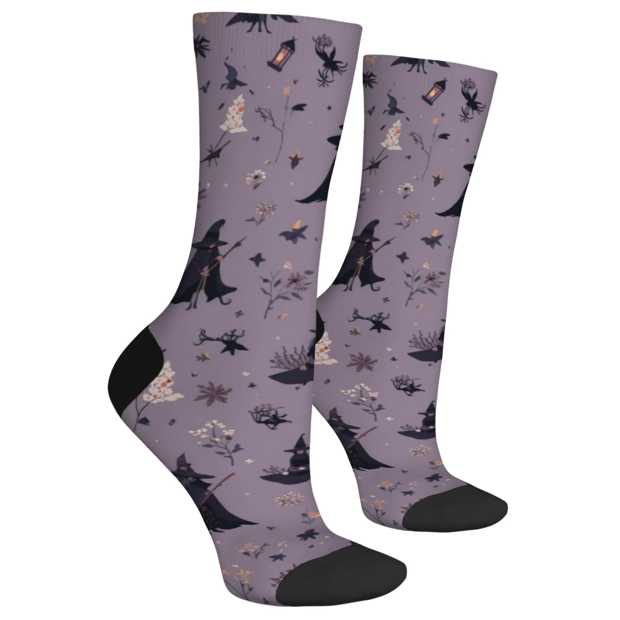 جوارب منتصف الساق للجنسين تحت عنوان الهالوين مع قبعة مدببة نمط ساحرة الرأس الأسود طباعة الزهور والحشرات والفوانيس الدفء #4