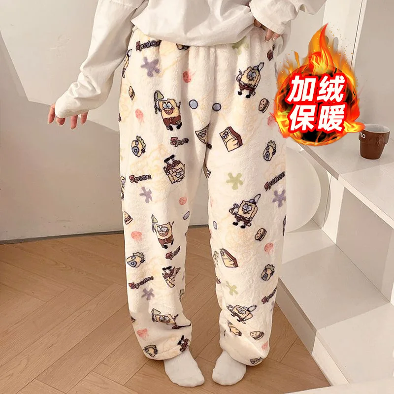 Anime Spongebob Flannel Pajamas Pants Patrick Star Winter Women Plush Pants Thickened Coral Velvet Warm Home Sleeping Pants