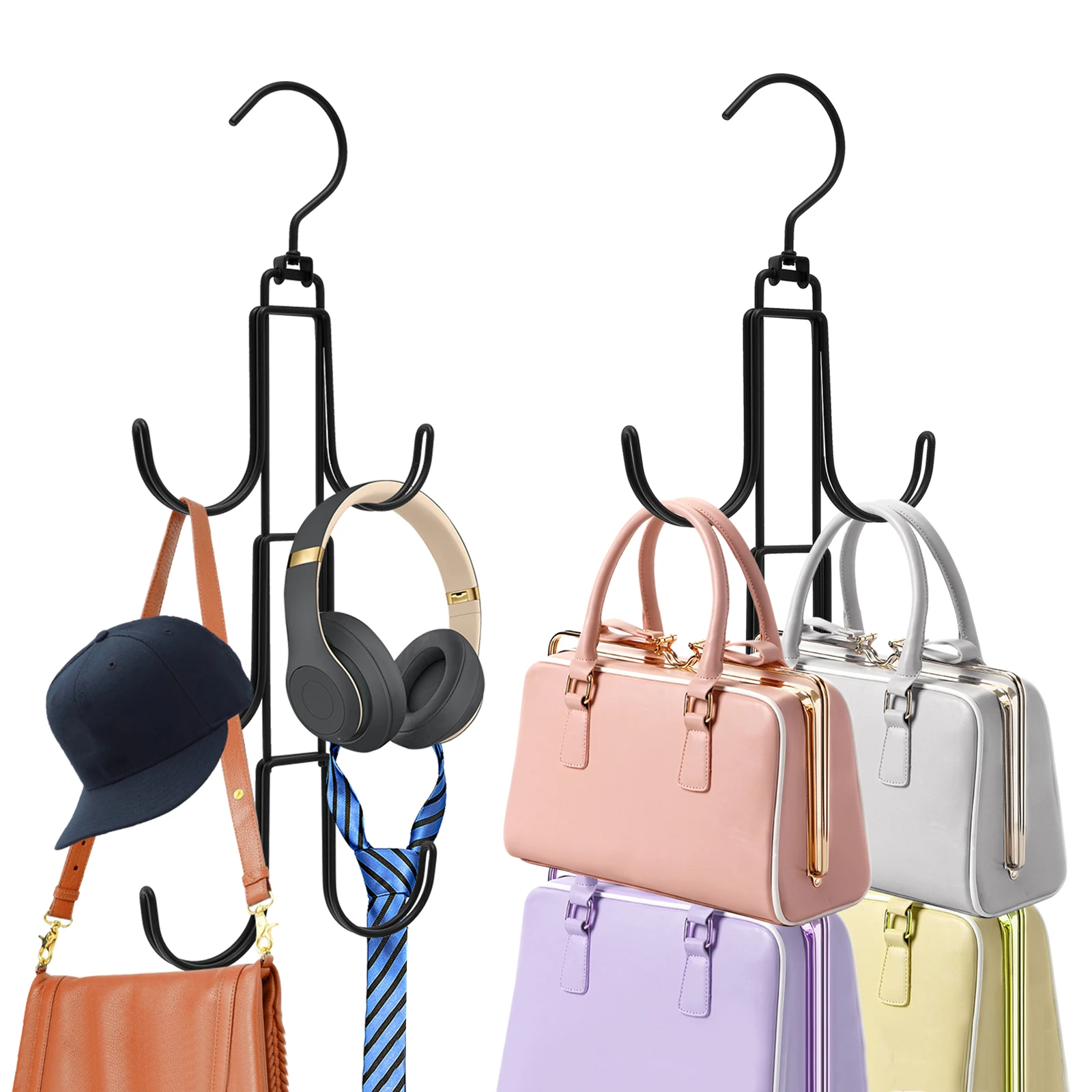 2Pcs Clothes Hook 360°Hook Handbag Hanger Scarf Bag Hat Space Saving Storage Rack Suitable for Bedroom Wardrobe Hanger