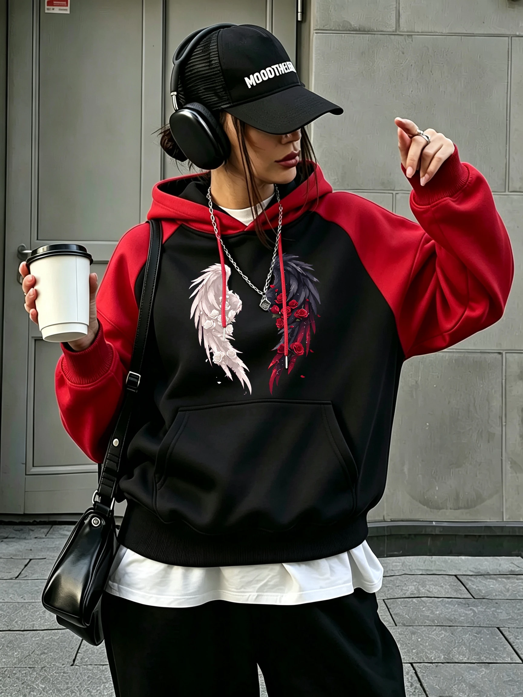 Angel Devil Wings Rose Prints Women'S Raglan Hoodie Y2K Pocket Streetwear Autumn Casual Hoody Fleece Loose Female Pullovers