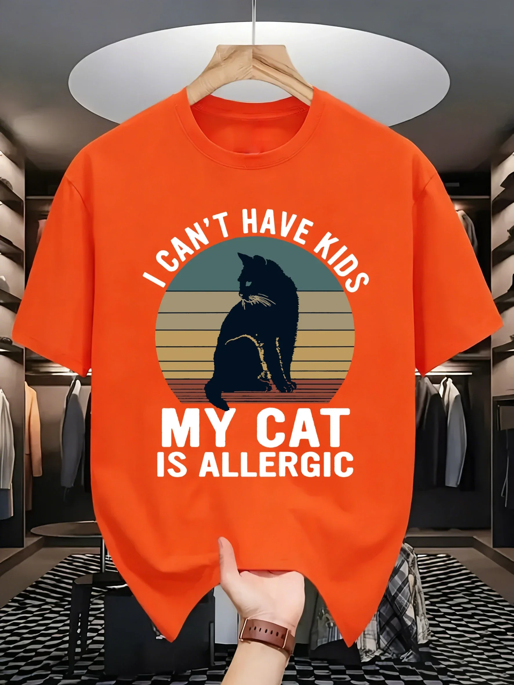 My Cat Is Allergic To Children Prints Men Daily T-Shirts Cotton All-Match Short Sleeve Comfy O-Neck Tops Loose Summer Clothes