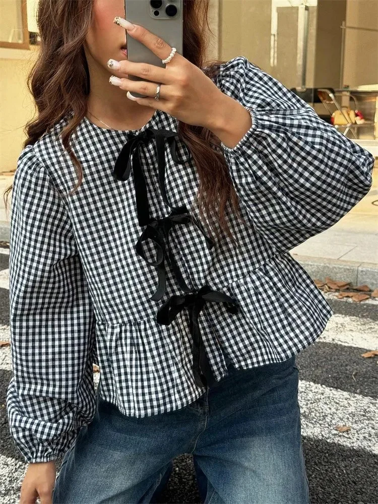 

Clothes Sweet Style Loose Knot Front Screwneck Shirts Top StreetweaLantern Sleeve Plaid Blouse for Women Spring Autumn wr