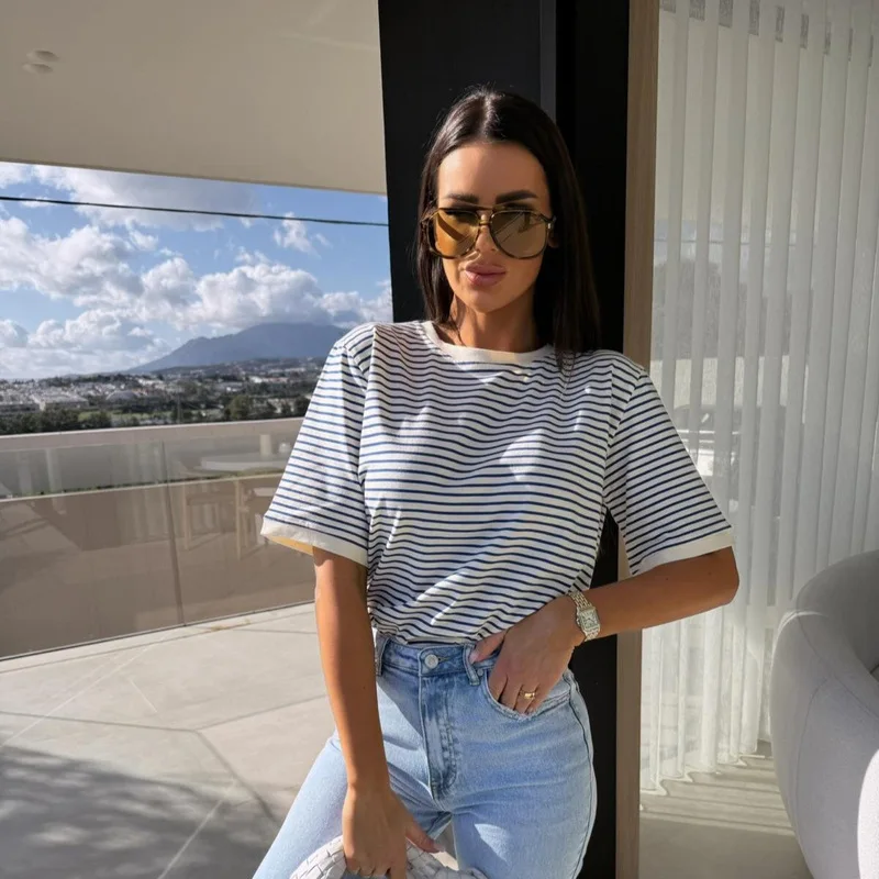 T-shirt da donna rotonda a righe Ne Loose ort Sve, comoda e casual, abbigliamento stagionale primaverile, altro Sle