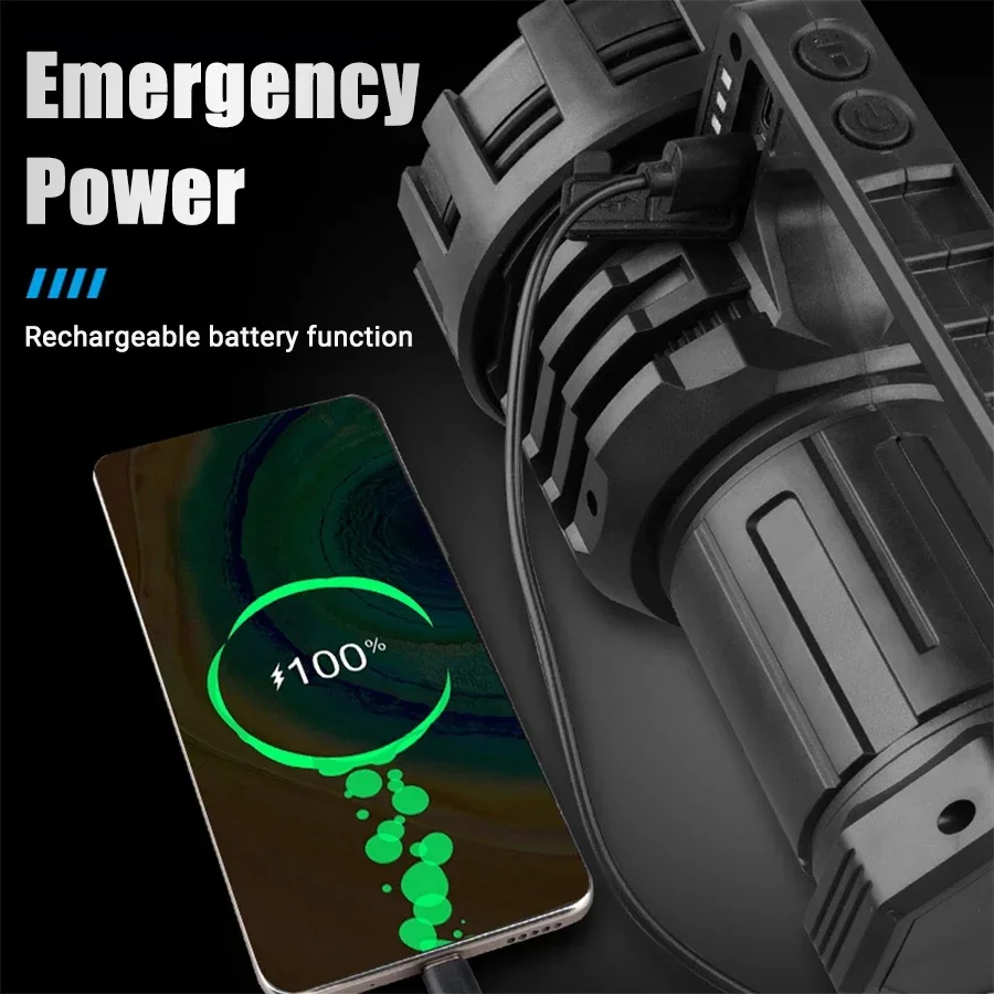 Super Bright LED Flashlight High Power Long Shot Torch USB Rechargeable Searchlight Outdoor Camping Patrol Mine Searchlight