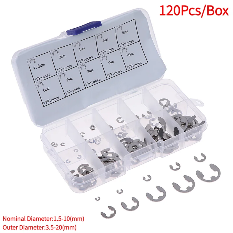 120Pcs/Box 304 Stainless Steel E-Clip Retaining Circlip Assortment Kit M1.5~M10.