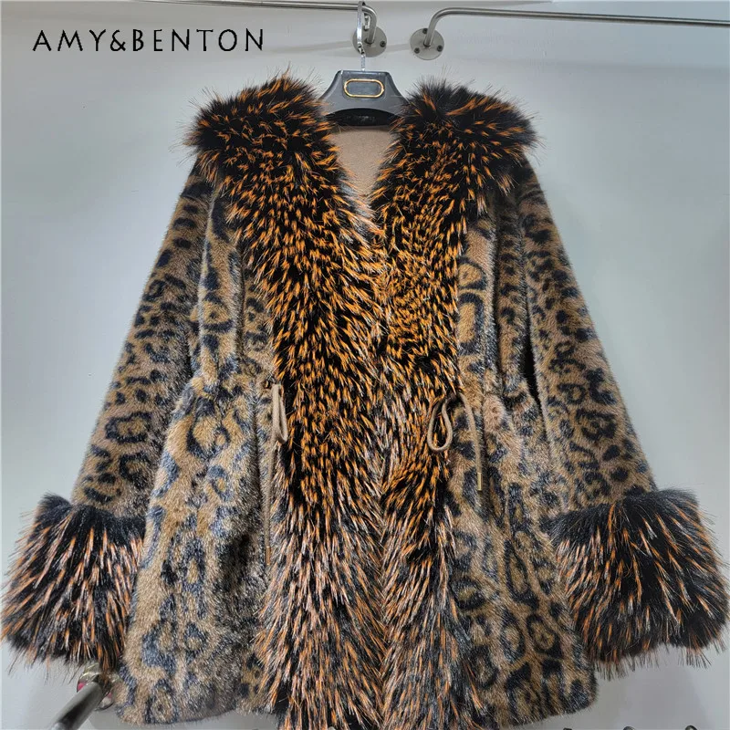

Autumn Winter Eco-Friendly Furry Jacket Leopard Print Faux Fur Coat Ladies Mid-Length Youthful Fashion Large Fur Collar Jaquetas