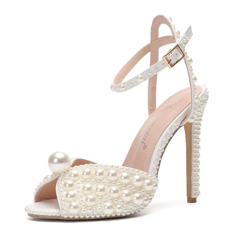 New Fashion Women High Quality Wedding Sandals Shoes Women Pearls Studs Luxury Peep Toe High Heels Buckle Woman Sandal 43