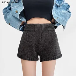 2025 Spring Women Straight Knitting Shorts Girl's Elastic Middle Waist Short Pants Dark gray Light Gray