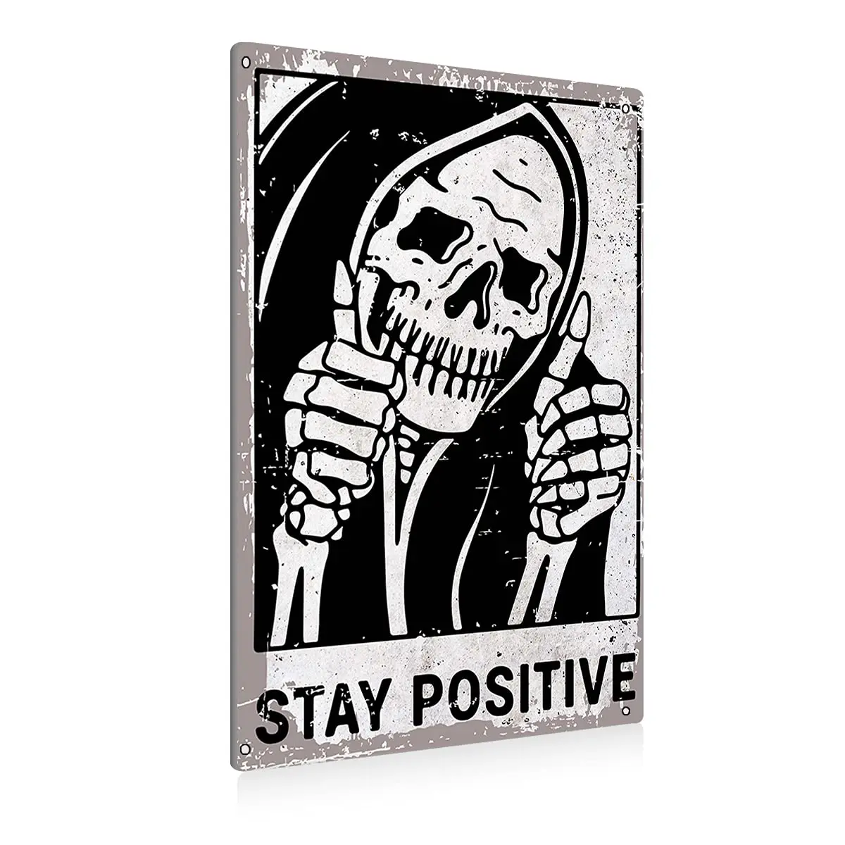 Vintage Stay Positive Skull Sign Metal Tin Sign Wall Décor Funny - Retro Sign for Home Living Room Bedroom Decor Gifts - 8x12 In