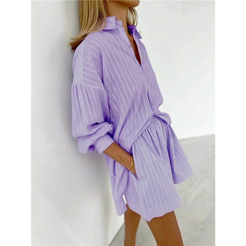 Hot Kf-Women's Summer 2 Piece Sets Striped Puff Sleeve Button Down Shirts Tops Matching Shorts Sets Casual Outfits