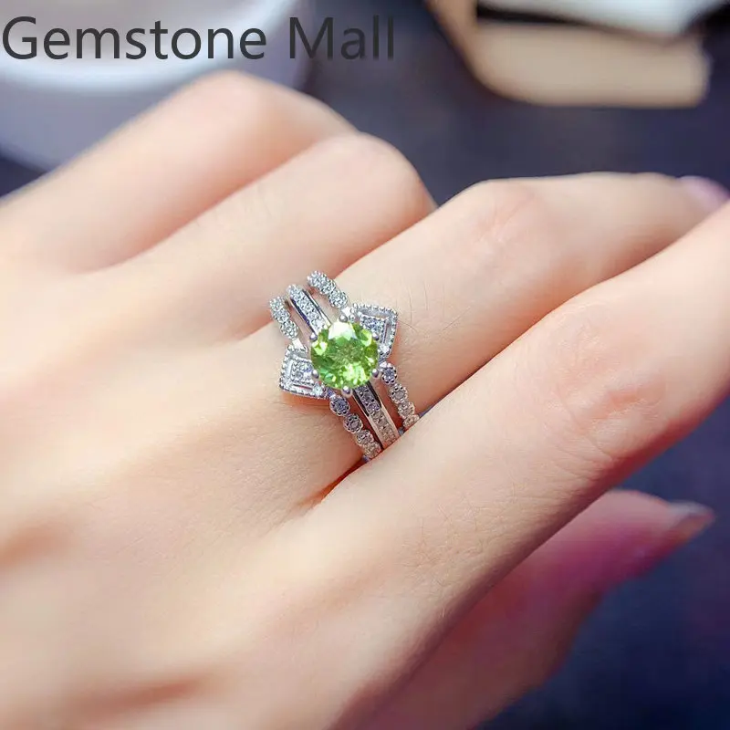 925 Silver Separable Ring 6mm 0.8ct Natural Peridot Ring for Daily Wear 925 Silver Peridot Jewelry with Gold Plating