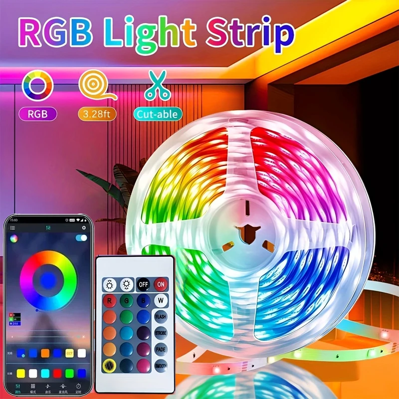 LED Strip Lights Bluetooth APP & 24/44key Remote Control Color Changing Flexible Tape TV Backlight Gaming Bedroom Party Decor