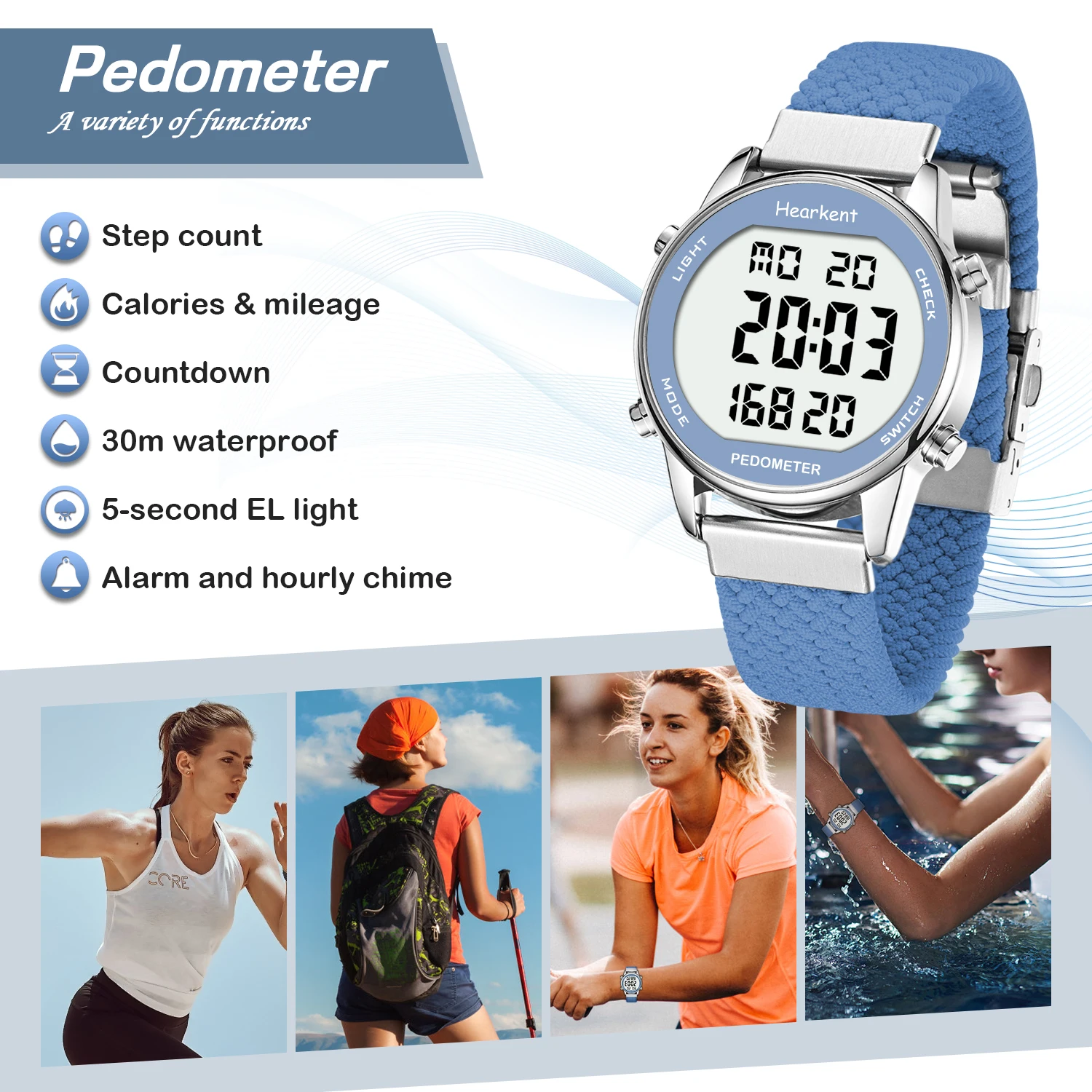 Hearkent Pedometer Sport Watches Step Counter Watch Women Digital Watches Calories Mile Stopwatch Countdown for Walking Tracker