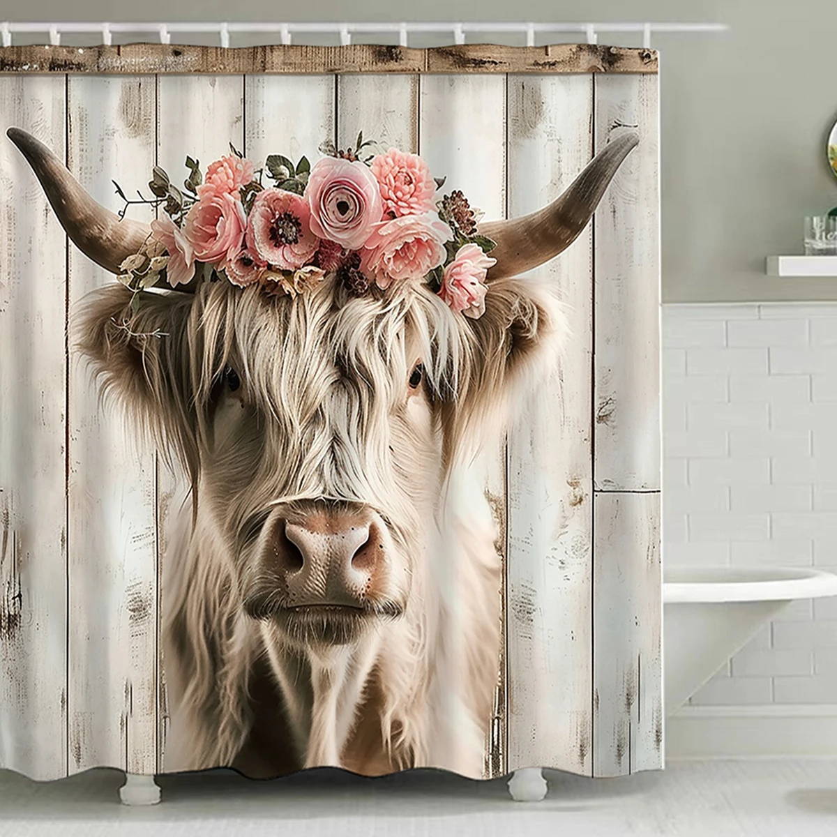 1 pc high ground cow pattern polyester material shower curtain waterproof fabric, thickened anti mold partition curtain for