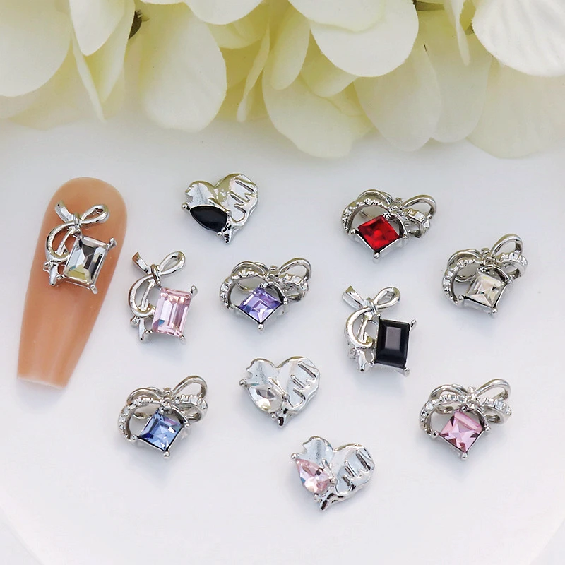 

10PCS Luxury Alloy Bow Heart Nail Charms Parts Silver Metal Accessories For Manicure Decor Nails Decoration Supplies Material