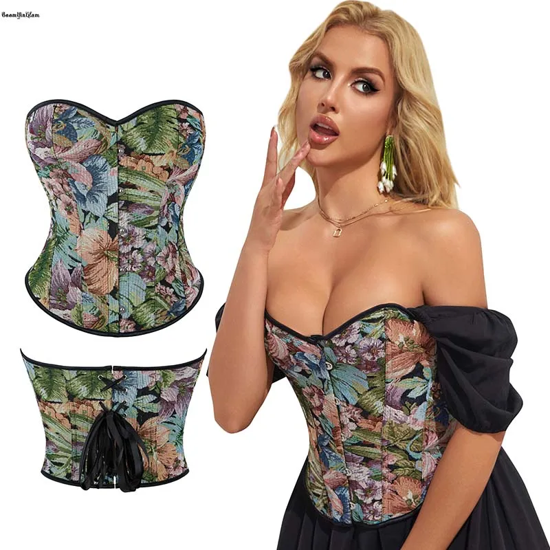 

Monet Garden Style Floral Print Overbust Korsette Slimming Shapers Women's Fashion Colorful Lace Up Vintage Top Corset Retro