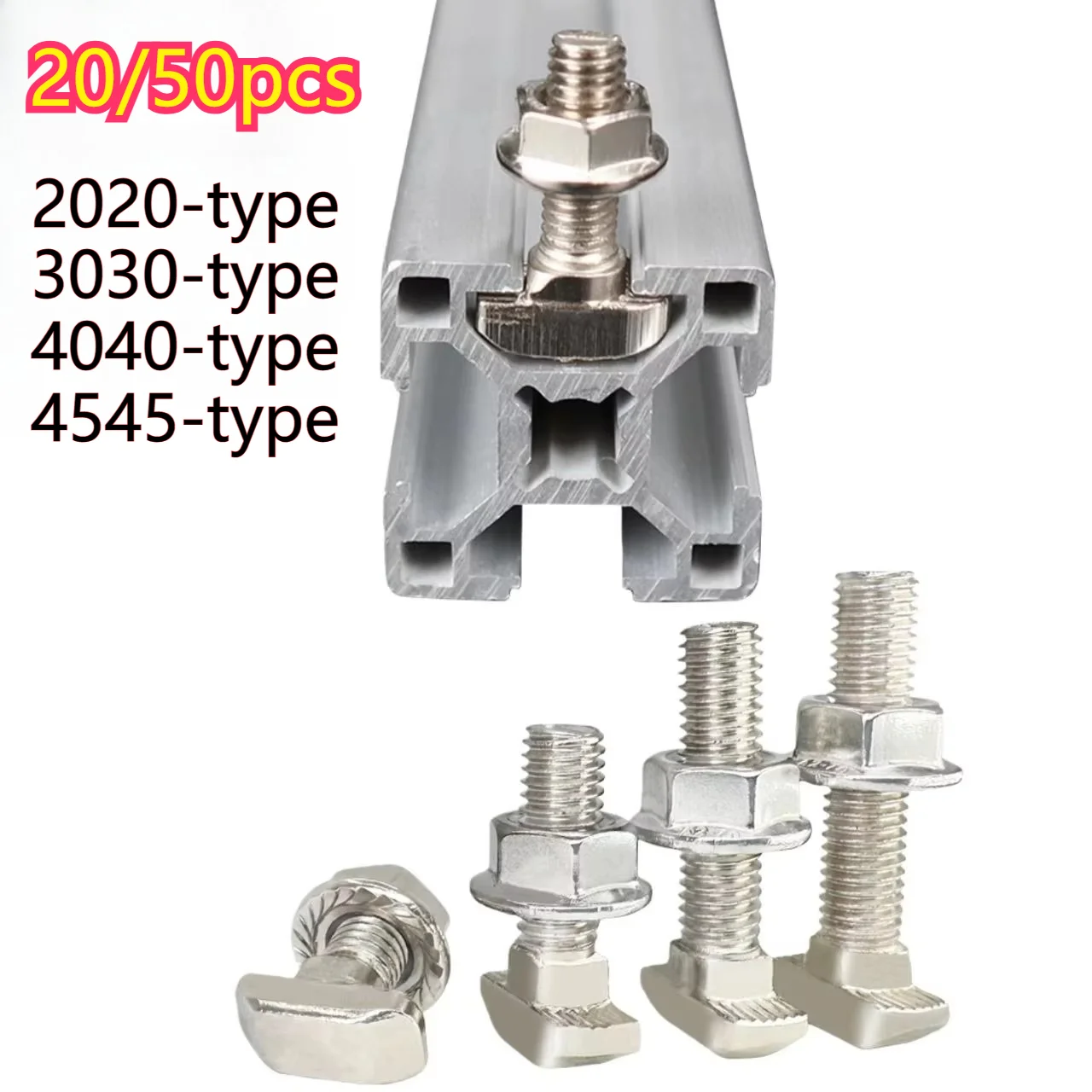 20/50PCS European Standard T Type Screw Aluminum Profile Fittings T Bolt Flange Nut Set M5 M6 M8 M10, 2020/3030/4040/4545 Type