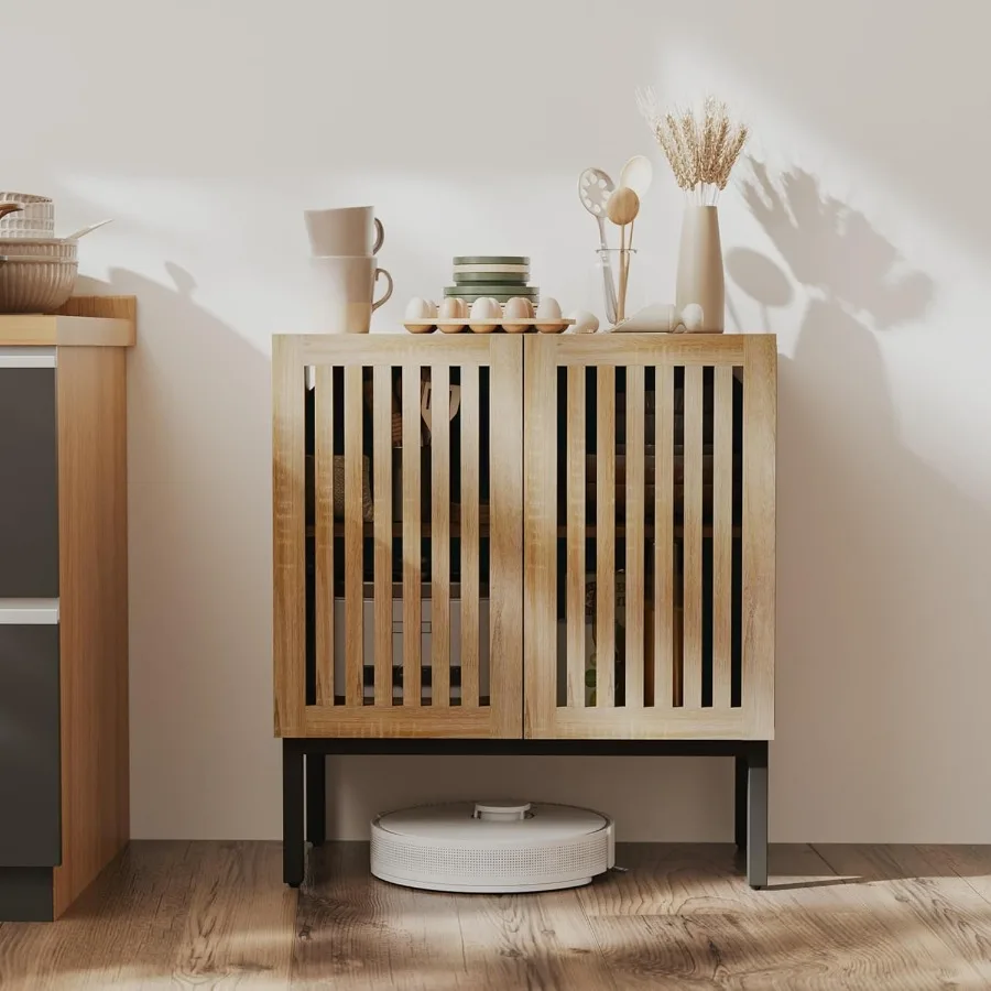 خزانة بوفيه مصبغة مع خزائن جانبية للتخزين وبابين مع قاعدة معدنية ورف قابل للتعديل للمطبخ والقهوة وغرفة الطعام E