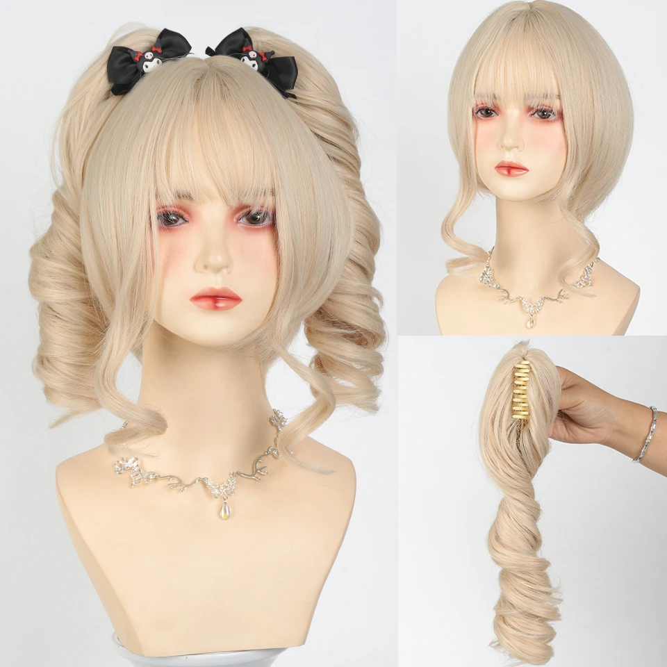 Synthetic Princess Cut Double ponytail Lolita Wig with Bangs Wig Girl Cute Golden White Cosplay Halloween Harajuku Wig