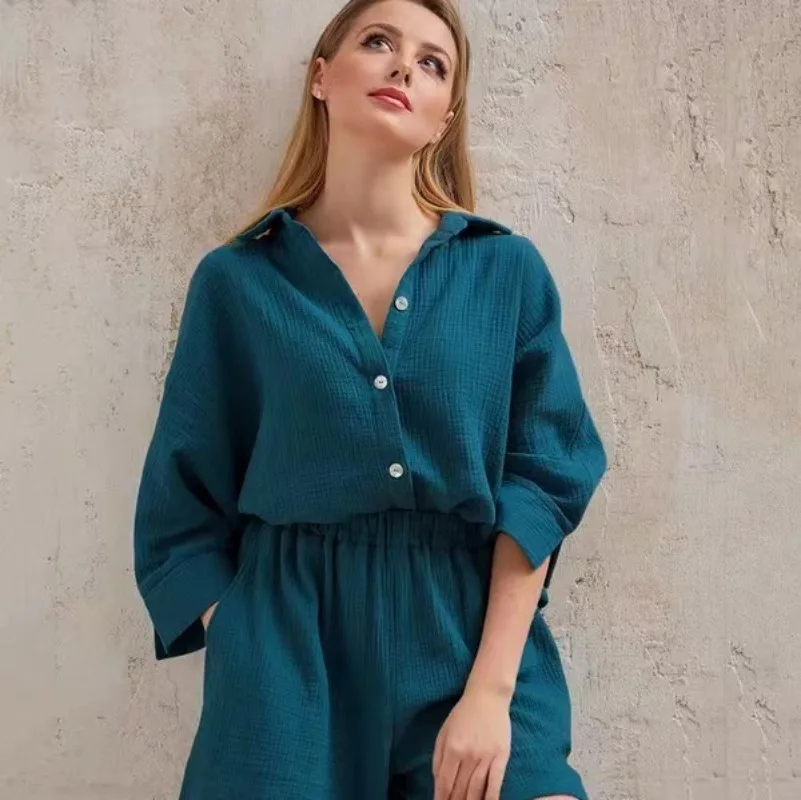 

Women's Fairy Summer Suit Shirt Long Sleeve Shorts Button Collar Solid Color Casual Simple Advanced Design Fashion Versatile