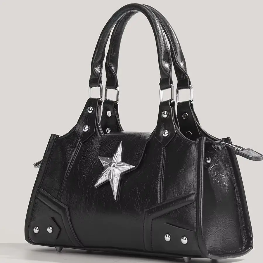Women New Korean Edgy Black Star Studded Minimalist Chic Versatile Moto Top Handle Crossbody Bag Daily Street Commuter