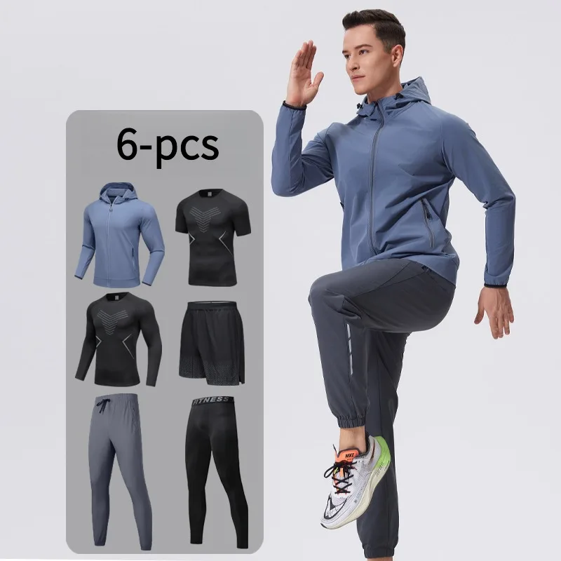 طقم ملابس رياضية للرجال مكون من 6 قطع مع غطاء للرأس قابل للتنفس للتخييم وركوب الدراجات ومعدات تدريب مع جيوب #4