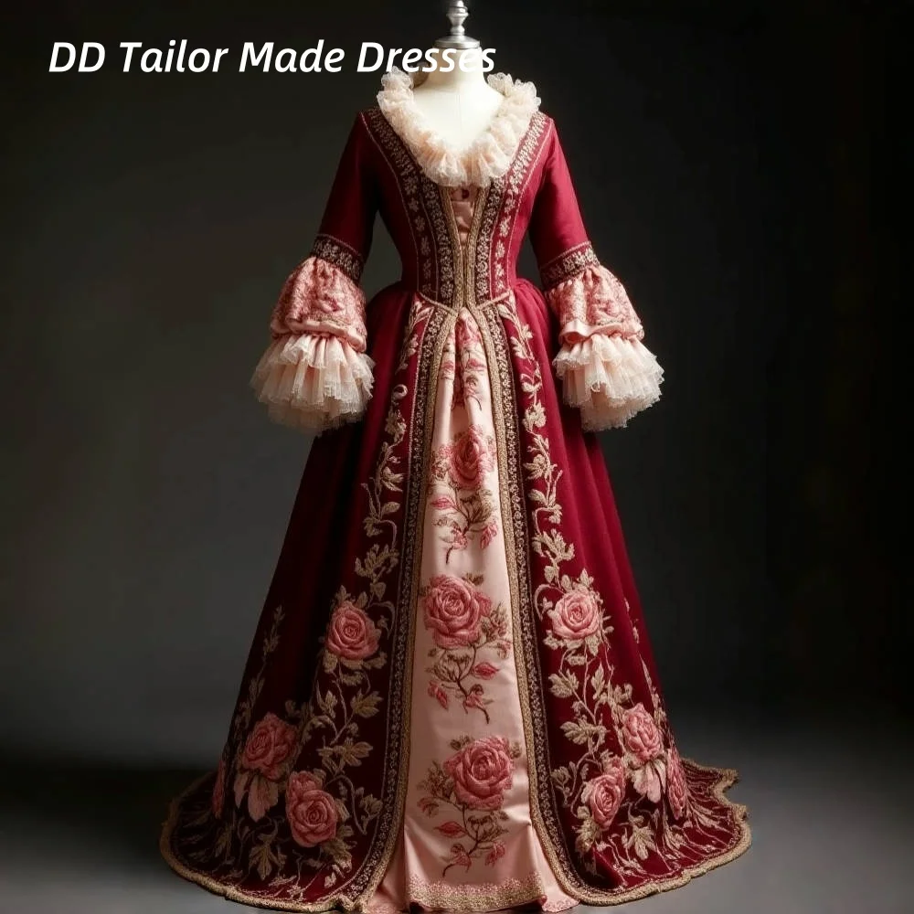 

Vintage Renaissance Prom Dress Maroon And Pink Colored Robe à la Francaise Rose Flowers Embroidery Customized Masquerade Costume