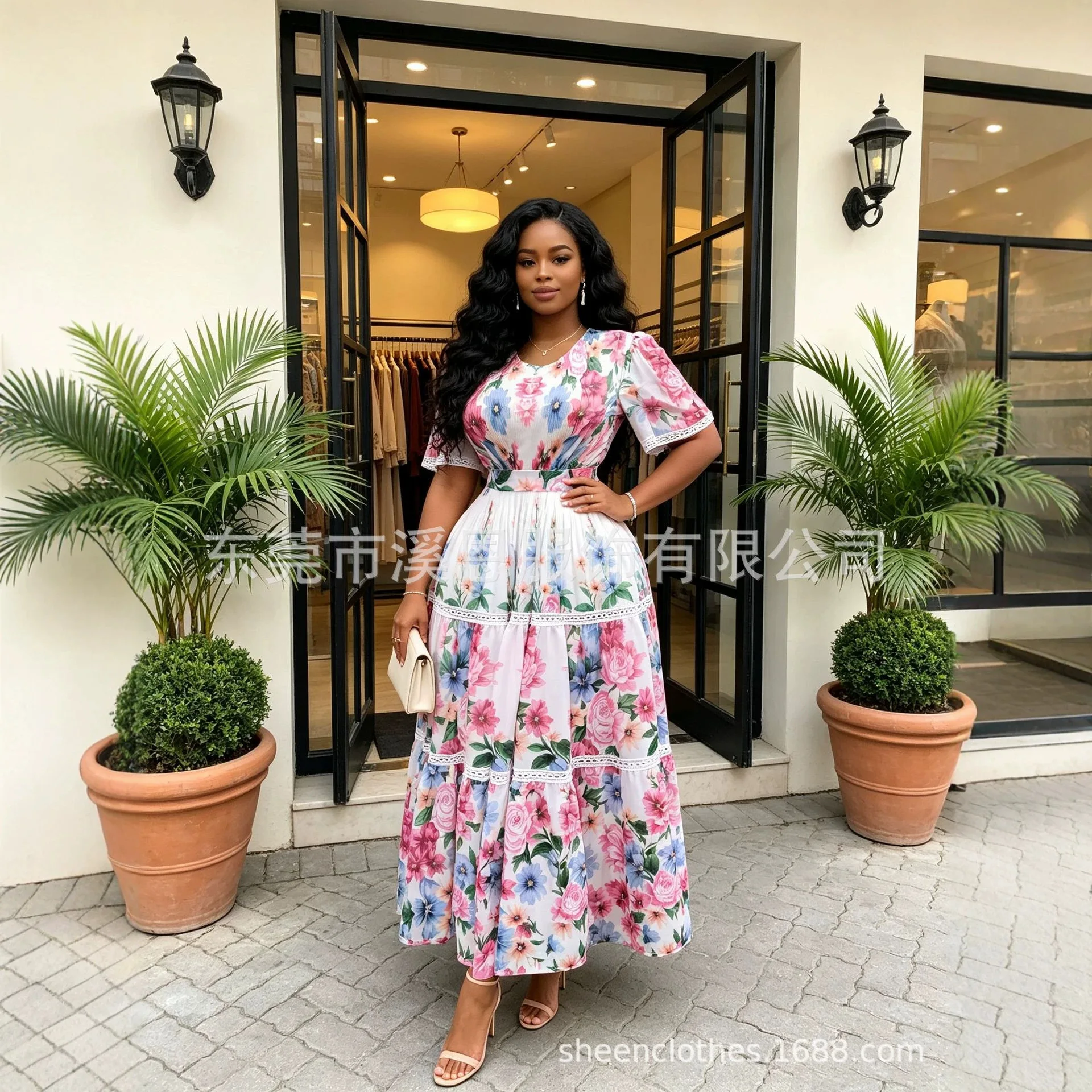 Miyake Pleated Women's Casual Dresses 2026 New Fashion Printed Bohemian Lace Ruffle Sleeves Tie Waist Large Size Dress