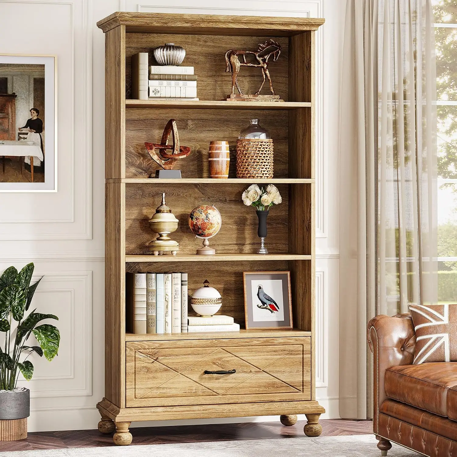 6-Shelf Bookcase with Drawer, 71 Inch Tall Floor Standing Bookshelf with Solid Wood Legs, 6-Tier Large Display , Customized