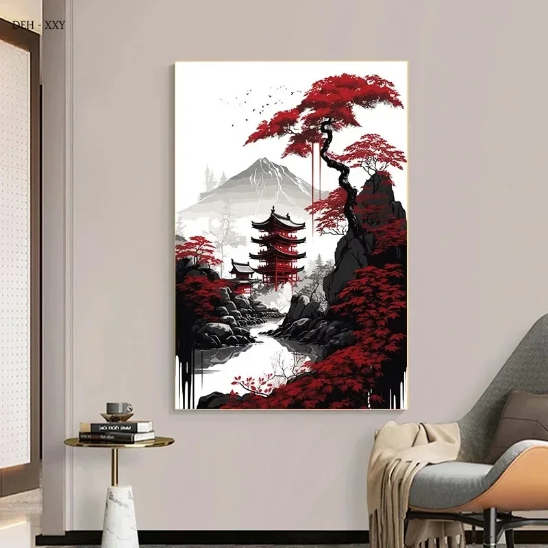 Canvas Painting Japanese Natural Landscape Mountain Temple Canvas Posters Vintage Black Red Ink Art Wall Art Prints Home Decor