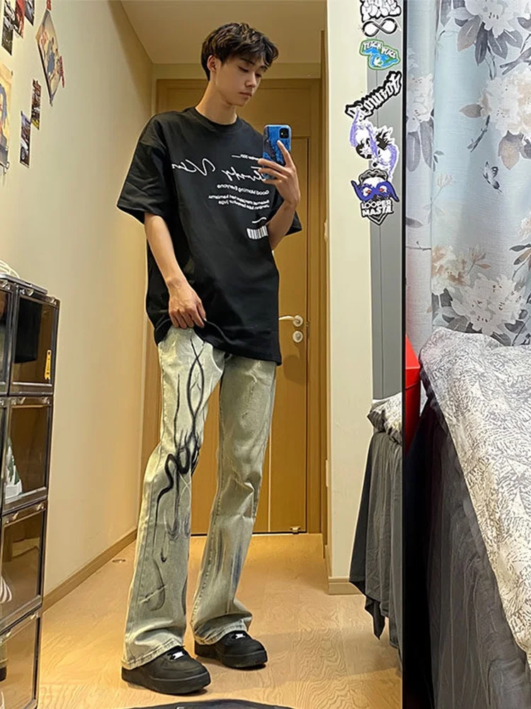 

Мужские джинсы с синим пламенным принтом в стиле ретро, американские брюки High Street Vibe с прямыми штанинами, расклешенные брюки из смеси хлопка и полиэстера