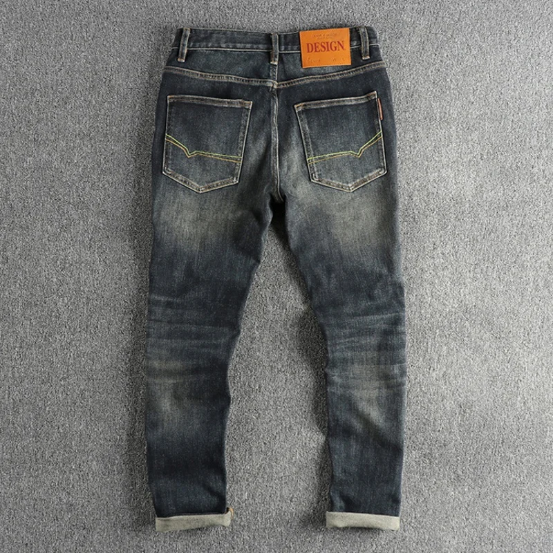 Vintage Washed Blue Distressed Simple Embroidered Jeans Men's Fit Pencil Pants American Style Trend Personality Youth Trousers