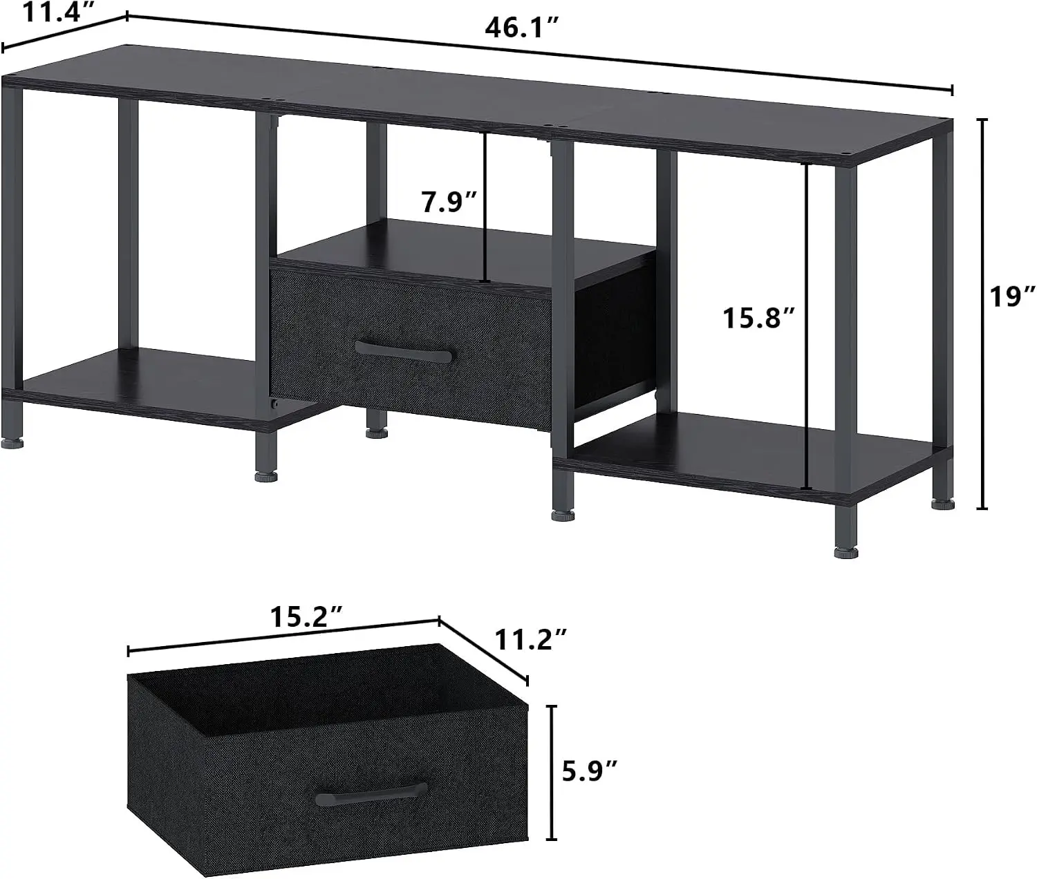 LED TV Stand with Open Shelves & Fabric Drawer, Media Console for 55" TV, Black, Living Room Bedroom view 3