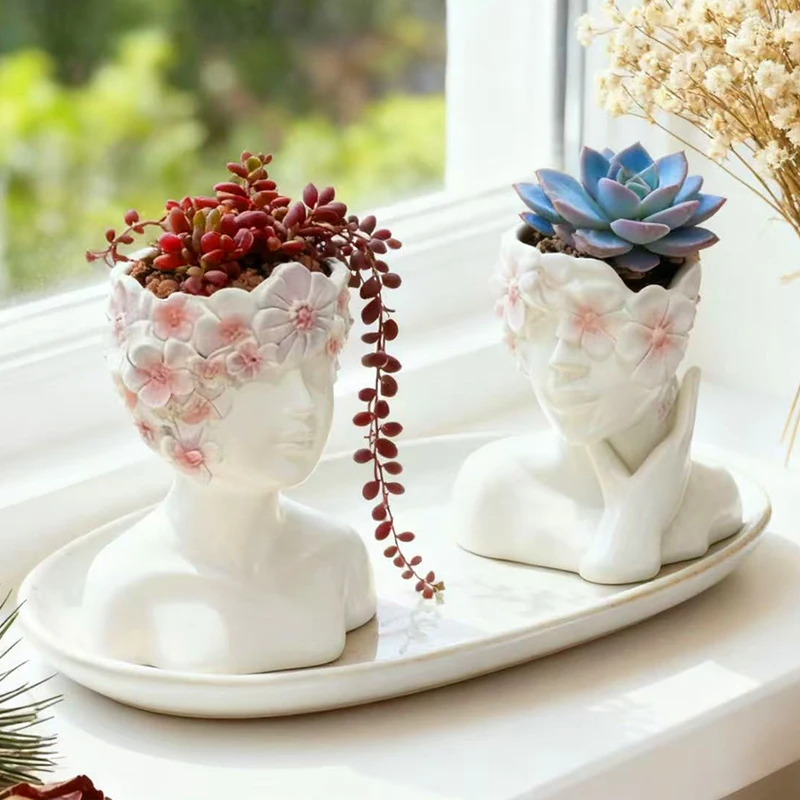 Beautiful Girl Flowerpot Green Potted Plants Container Home Courtyard Garden Decoration Resin Handicrafts Ornament Gift