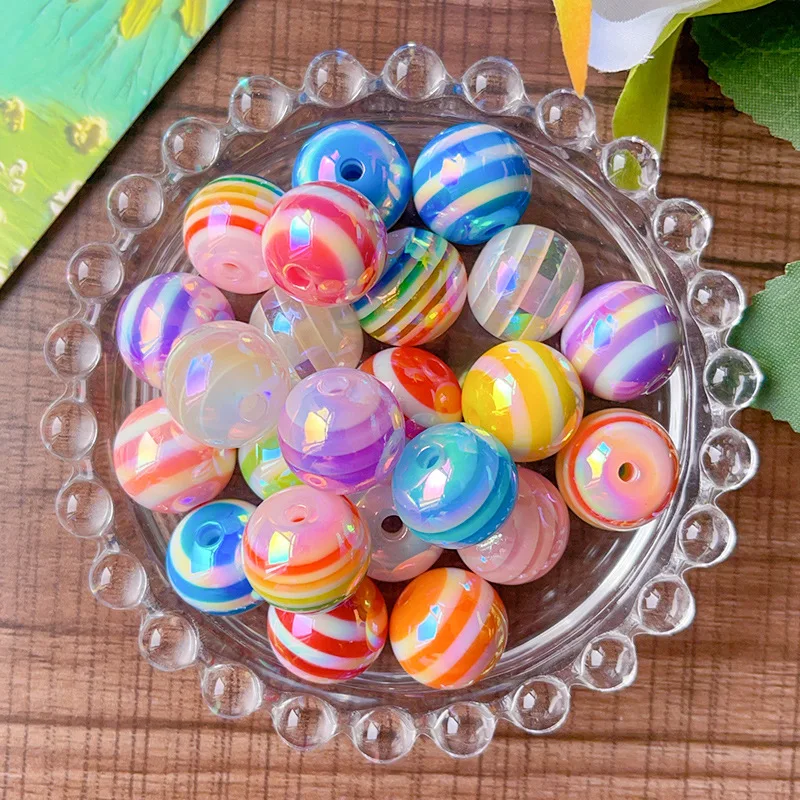 10Pcs 12MM UV Iridescent Candy Acrylic Beads Horizontal Stripe Round Loose Beads MulticolorSpacerBeads DIY PhoneCharmAccessories