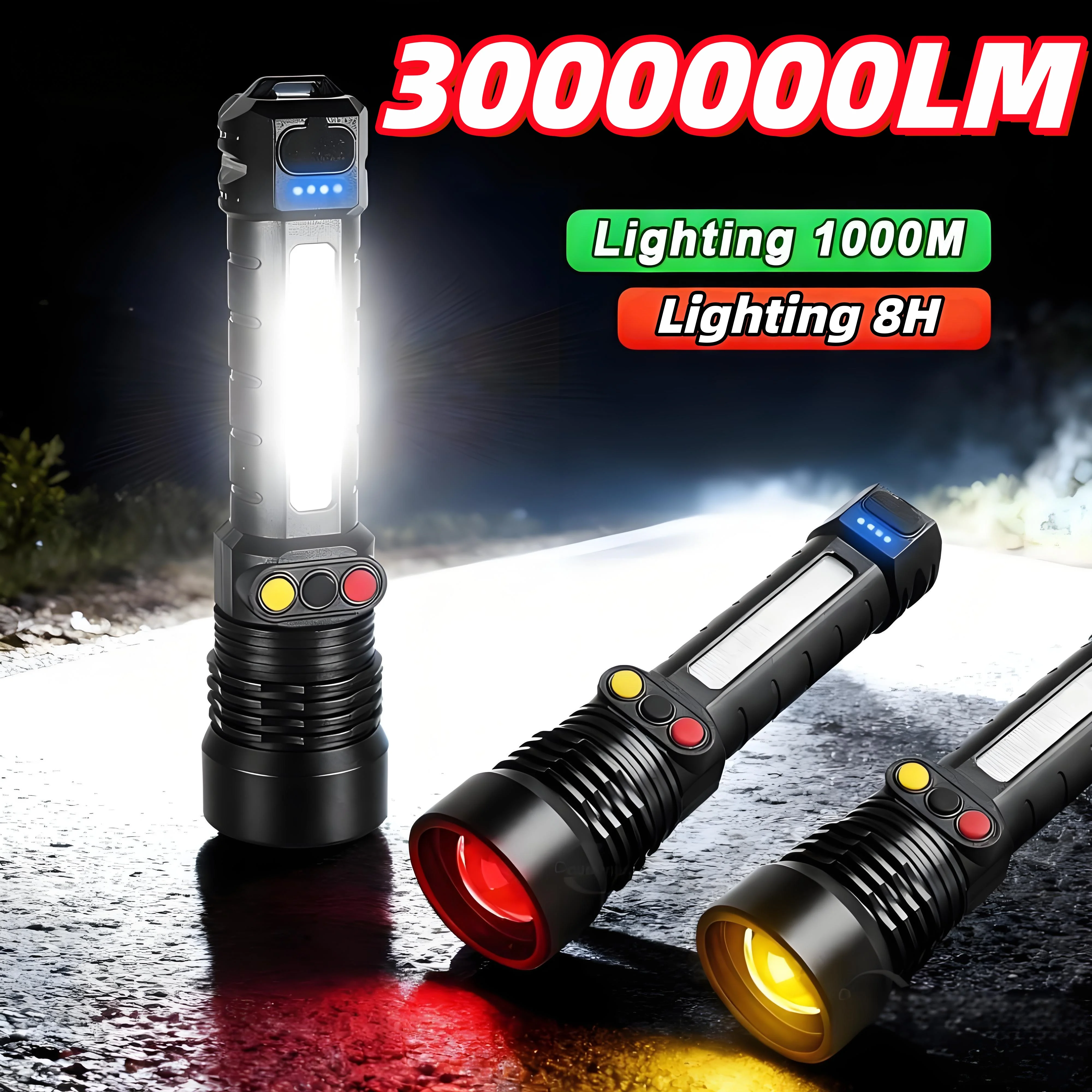 

300000LM мощный фонарик COB с перезаряжаемым водонепроницаемым масштабируемым регулируемым лучом, тактический фонарь TYPE-C для кемпинга на открытом воздухе