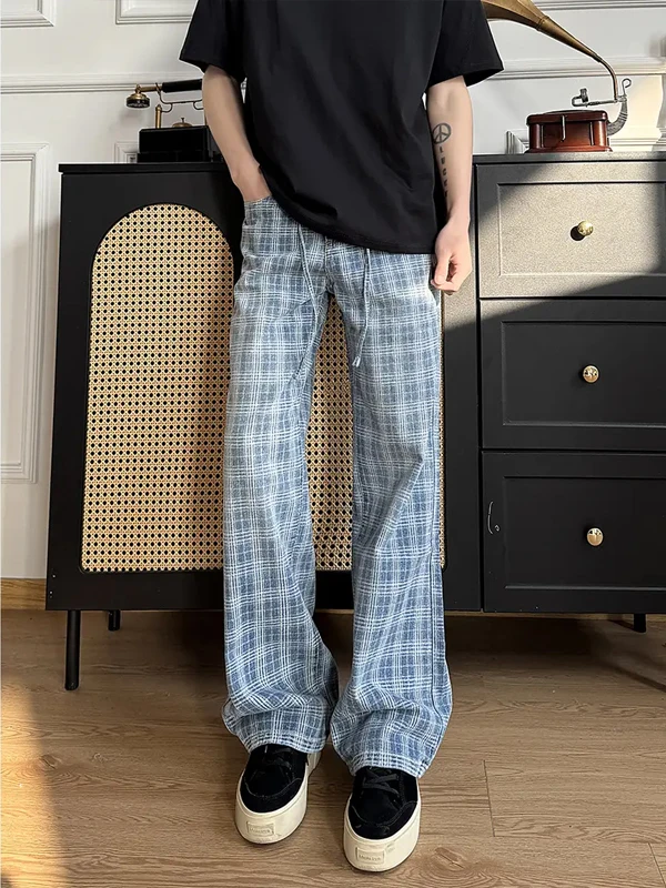 Retro American Washed Blue Plaid Men's Jeans High Waist Straight Leg Denim Spring High Street Micro Flared Trousers