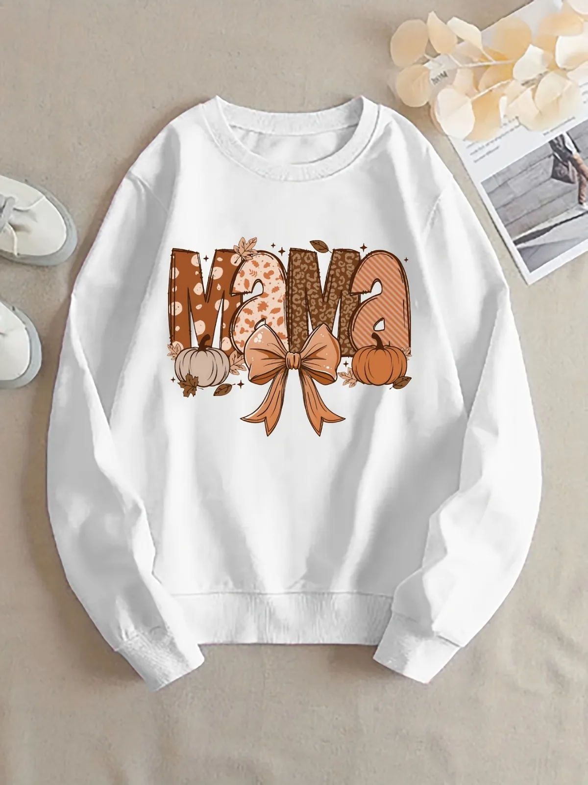 Damen-Kapuzenpullover, lässig, modisch, mit Kürbis-Schleifenmuster, bedruckt, bequem, Rundhalspullover, geeignet für Urlaubsgeschenk-Kleidung