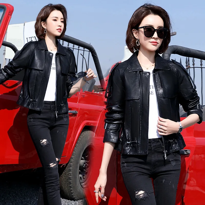 Temperament lapel leather jacket for women in spring 2024, fashionable trend splicing, three-dimensional solid color sheepskin