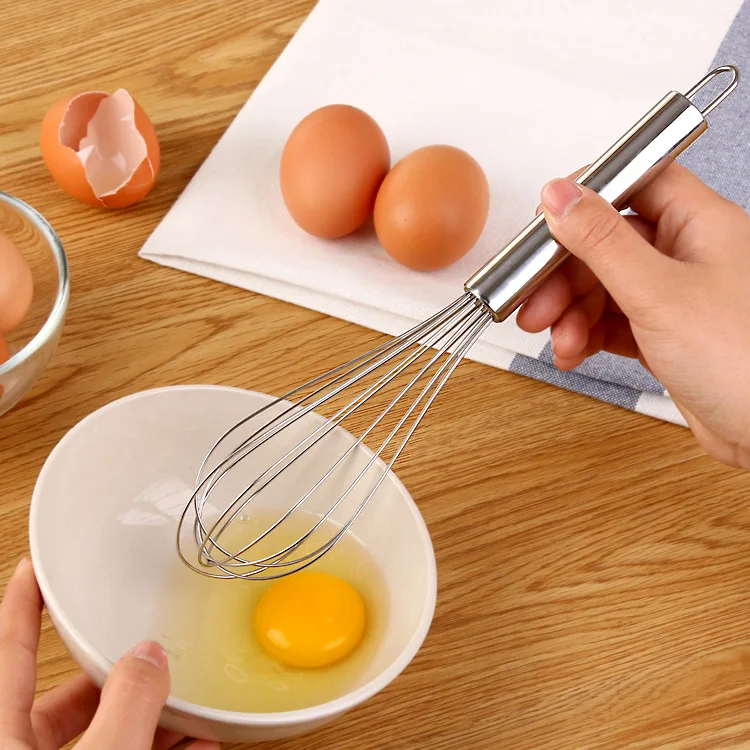 Stainless steel hand-cranked egg whisk with six-wire design in 8 10 and 12 inch sizes ideal for whipping cream batter and mering