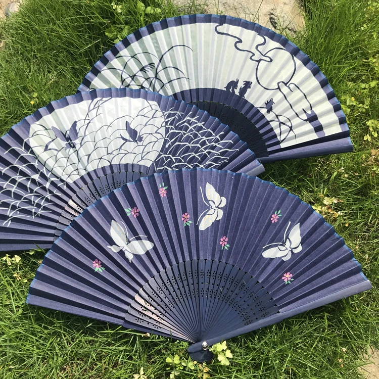 

Portable Blue Paper Fan Moon Rabbit Fan Chinese Traditional Handcraft Bamboo Frame Daily Use Summer Fan
