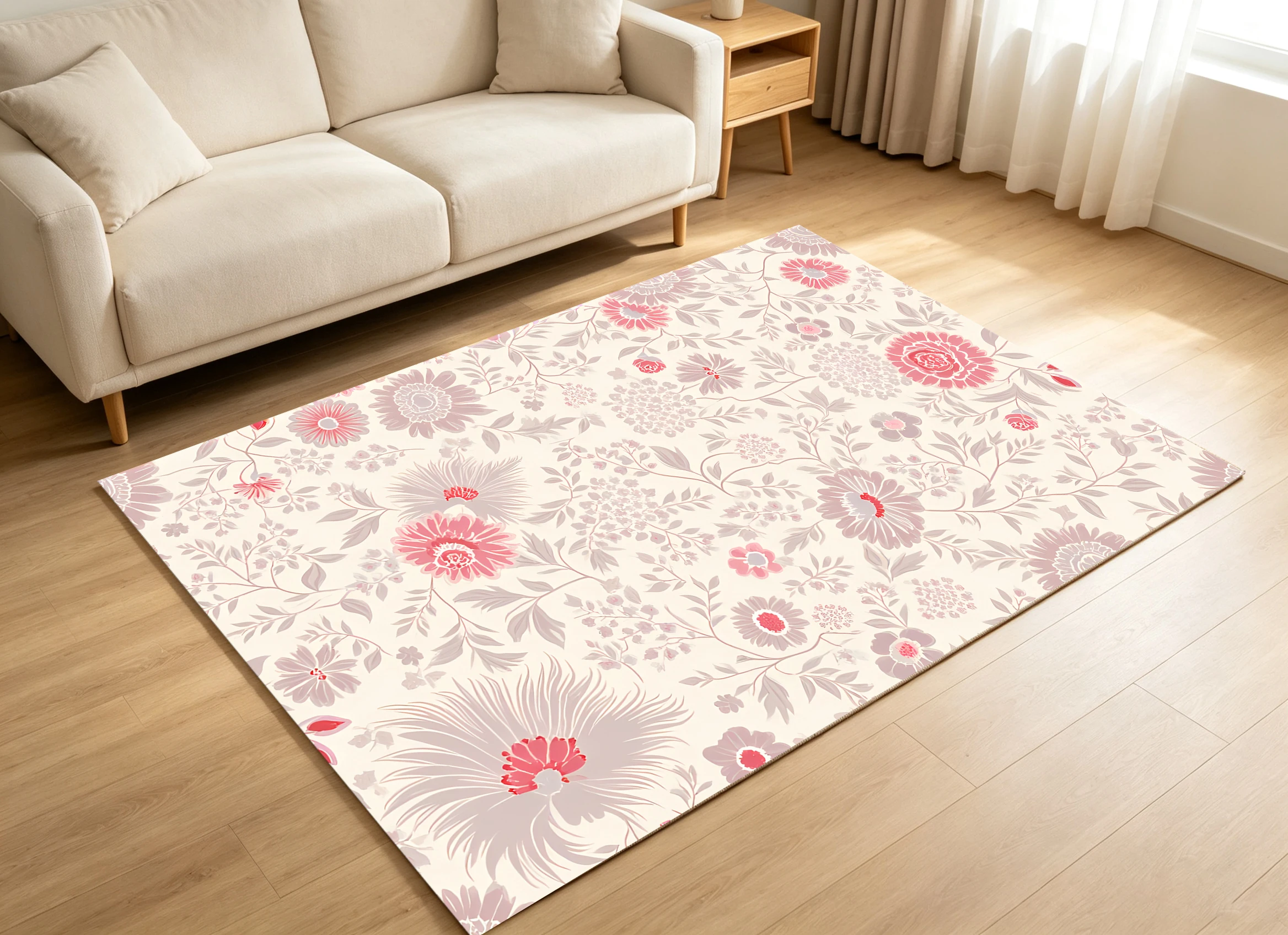 2D Large Carpet Retro Pink Floral French Gentle Style for Bedroom Living Room